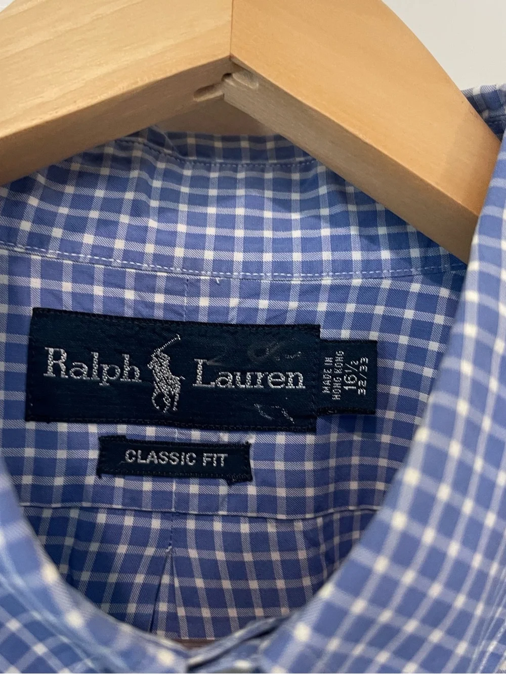 Vintage 90s Polo Ralph Lauren Blue White Gingham Button Down Shirt 16 1/2 32/33